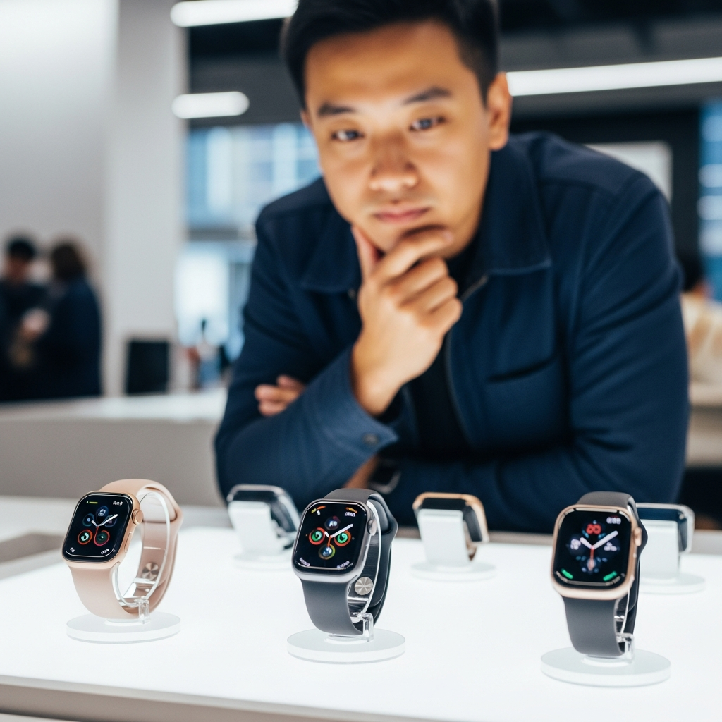 A person looking at a display of three different Apple Watch models (Series 11, Ultra 3, SE 3), with a thoughtful expression. The background is a modern, slightly blurred tech store setting with soft, bright lighting. Style: lifestyle photography. No text.