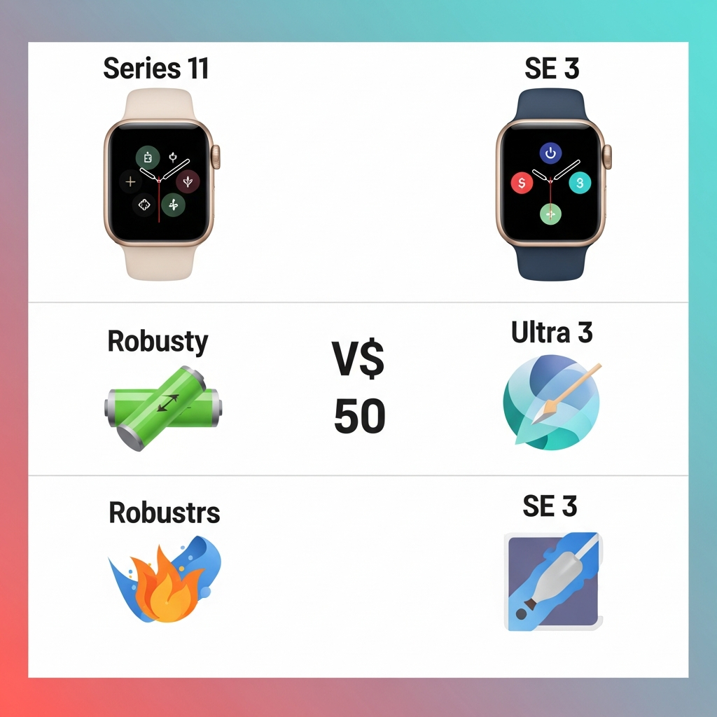 An infographic-style illustration comparing the key features and prices of Apple Watch Series 11, Ultra 3, and SE 3. Use clean layout, modern design, and high contrast. No visible text, only abstract representations of features like battery life, durability, and health sensors. Colored background with a gradient. No text.