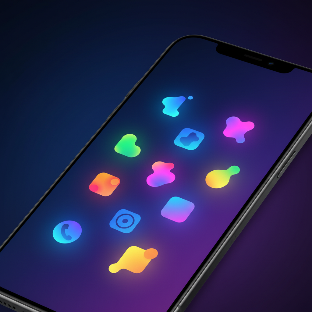 A modern smartphone screen showing various colorful app icons floating around, clean layout, high contrast blue and purple gradient background, modern digital art style, no text