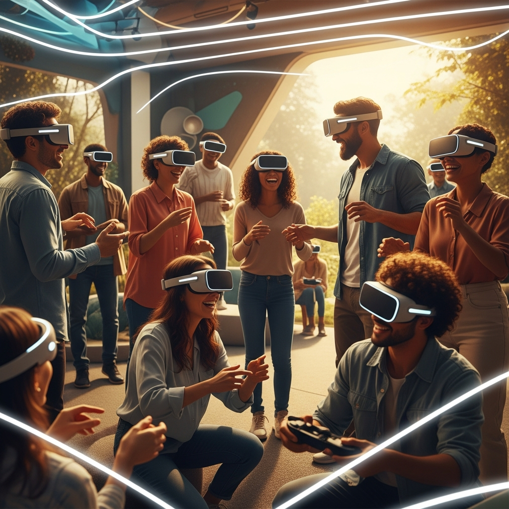 A cheerful and futuristic scene where diverse people of different ages are interacting in a vibrant metaverse. They are wearing sleek VR headsets, smiling, and engaged in various activities like gaming or social gatherings. The background is a dynamic, abstract representation of digital space. Style: lifestyle photography, warm lighting, natural setting. No visible text.