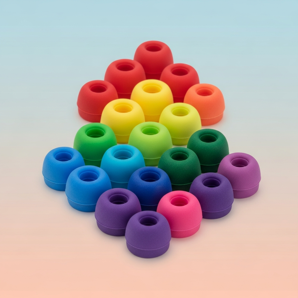 A collection of Comply TrueGrip ear tips in various vibrant colors, laid out neatly against a soft gradient background, no text, product photography style, centered focus