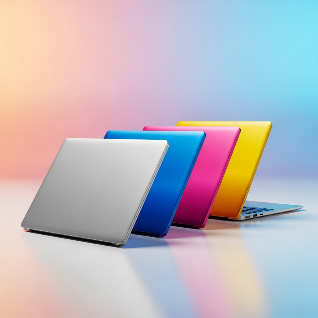 A row of colorful slim laptops in silver, blue, pink, and yellow colors, bright and trendy atmosphere, soft shadows, vibrant background, high resolution, no text