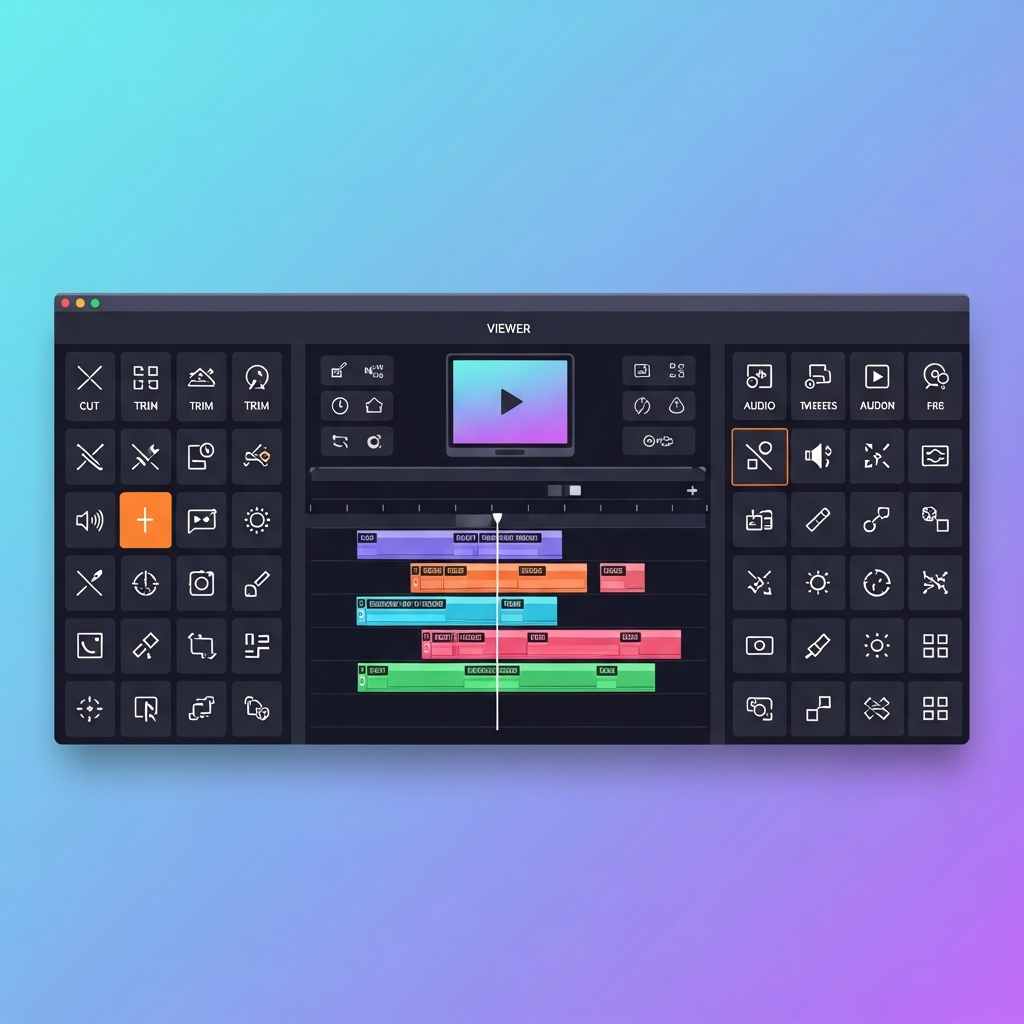 A clean infographic showing a video editing software interface with various tools, timelines, and effects icons. Focus on a modern layout with high contrast, bright balanced lighting, and a gradient background. No visible text, just illustrative icons and shapes.
