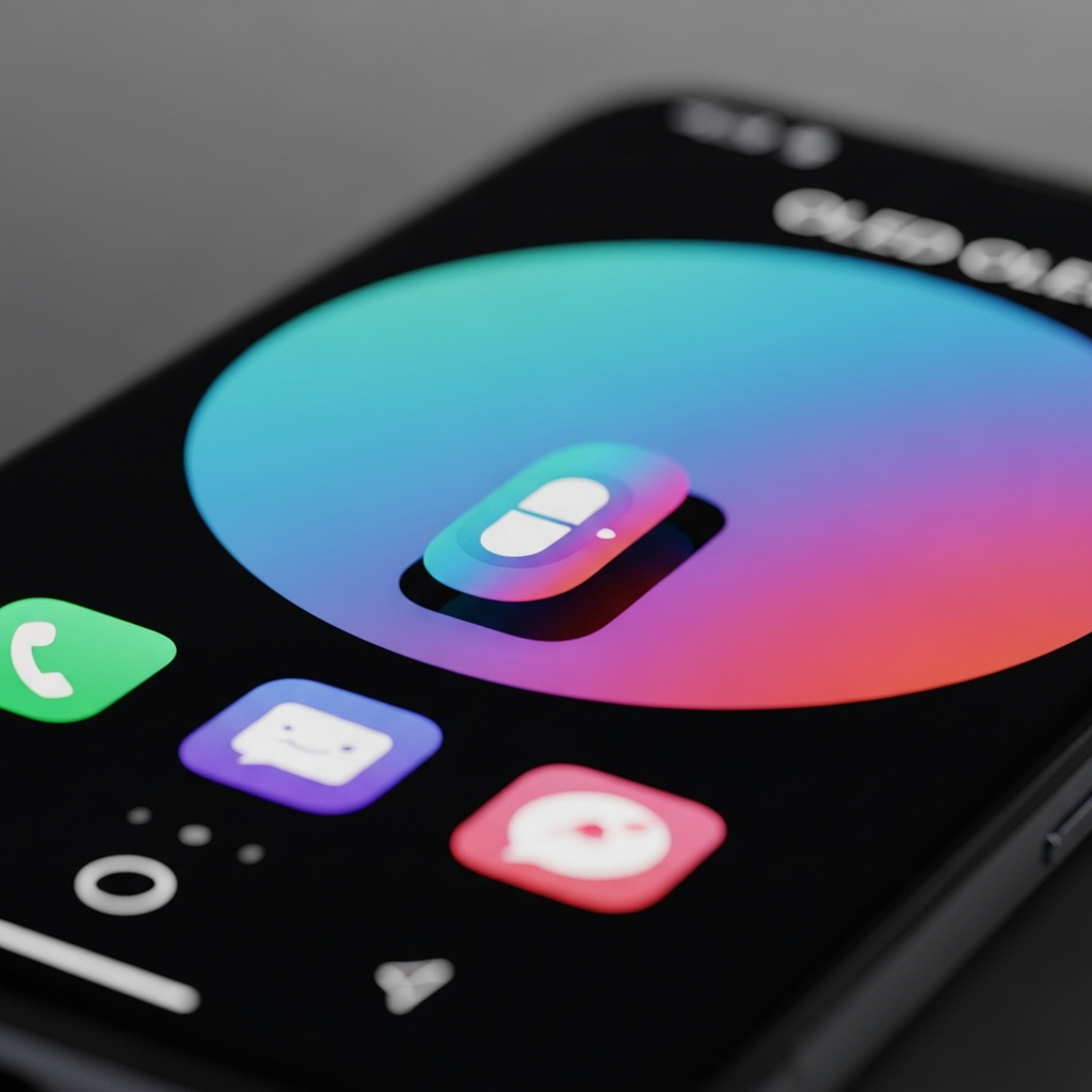 Close up of a smartphone screen showing a dynamic island interface, vibrant OLED colors, soft background blur, modern tech aesthetic, no text