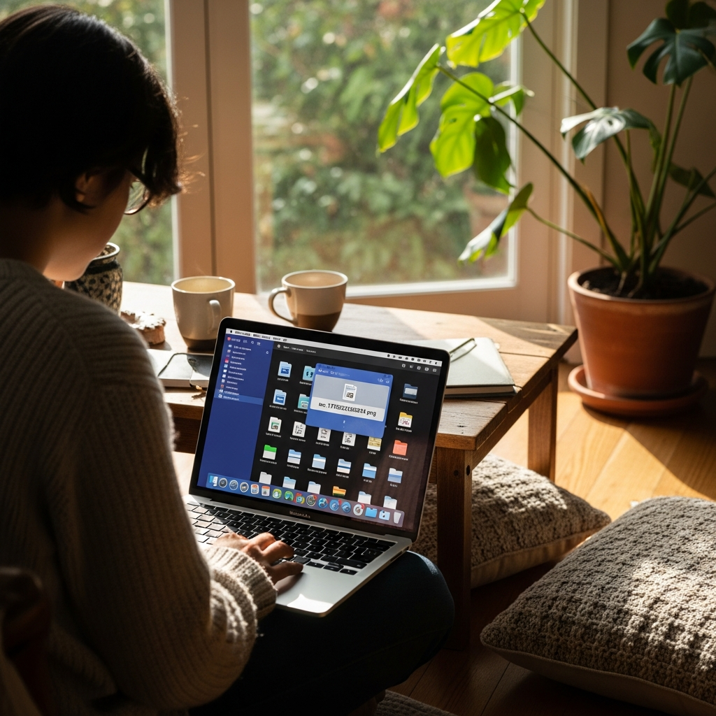 맥 사용자가 효율적으로 파일을 처리하는 장면, lifestyle photography, warm lighting, natural setting, no text