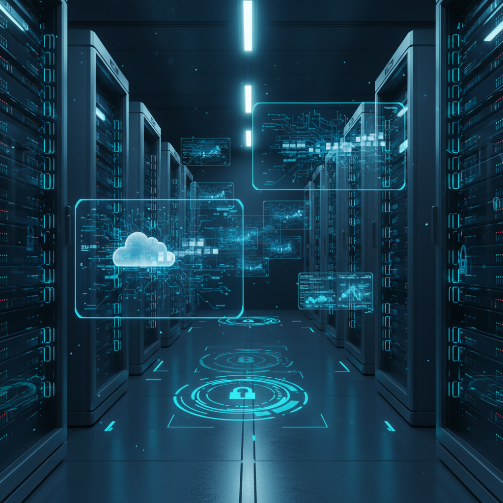 A futuristic server room with glowing blue lights and digital locks, representing data protection and Oracle cloud infrastructure, modern high-tech layout, deep navy and cyan background, no text