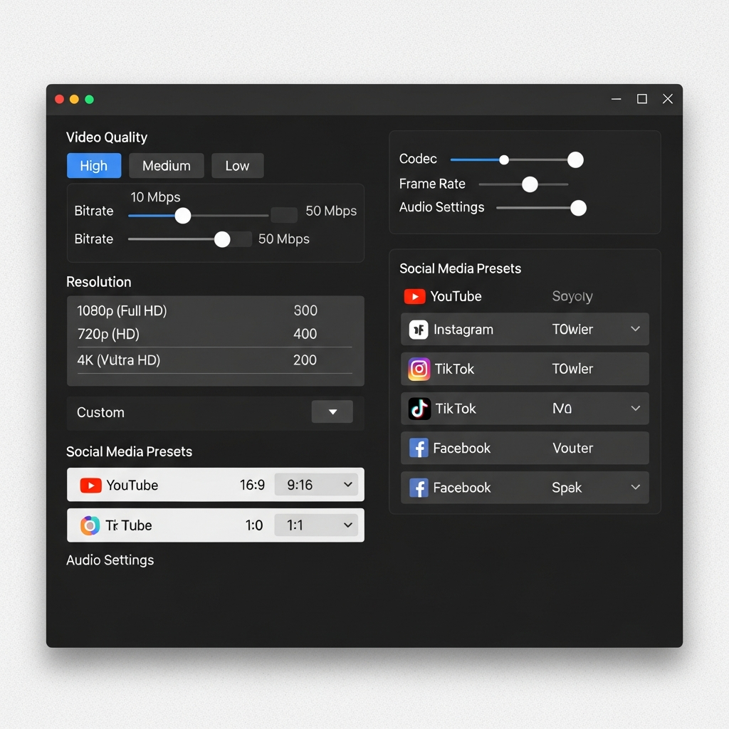 An infographic showing a video editing software's export options window. Display various settings for video quality, resolution, and social media presets. Use a clean, functional design with balanced lighting and a subtle textured background. No visible text.