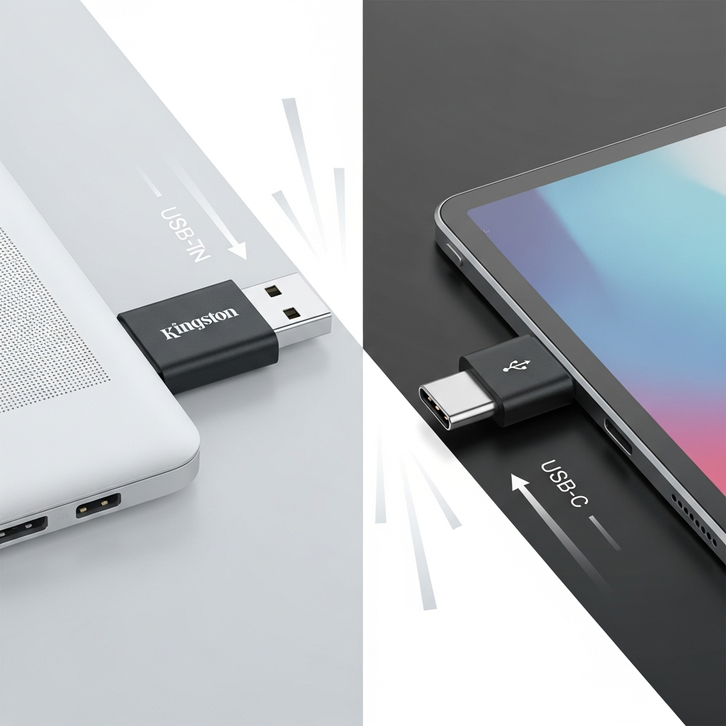 A Kingston Dual Portable SSD with both USB-A and USB-C connectors clearly visible, possibly one on each end. Show it connecting to a laptop or tablet, highlighting its versatility. Style: clean infographic, modern layout, high contrast. No text.