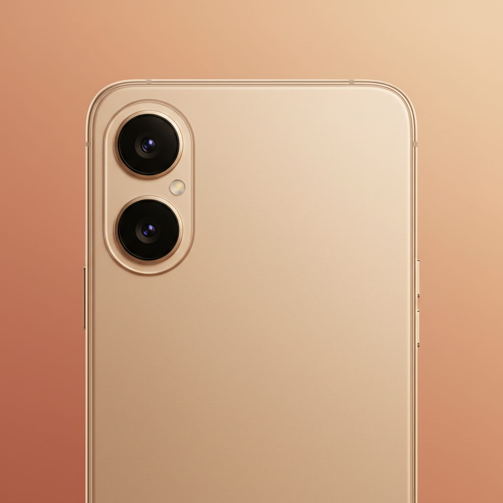 Close up of a modern smartphone back with a dual camera setup, clean and minimalist design, metallic texture, soft warm lighting, colored background, no text, 1:1