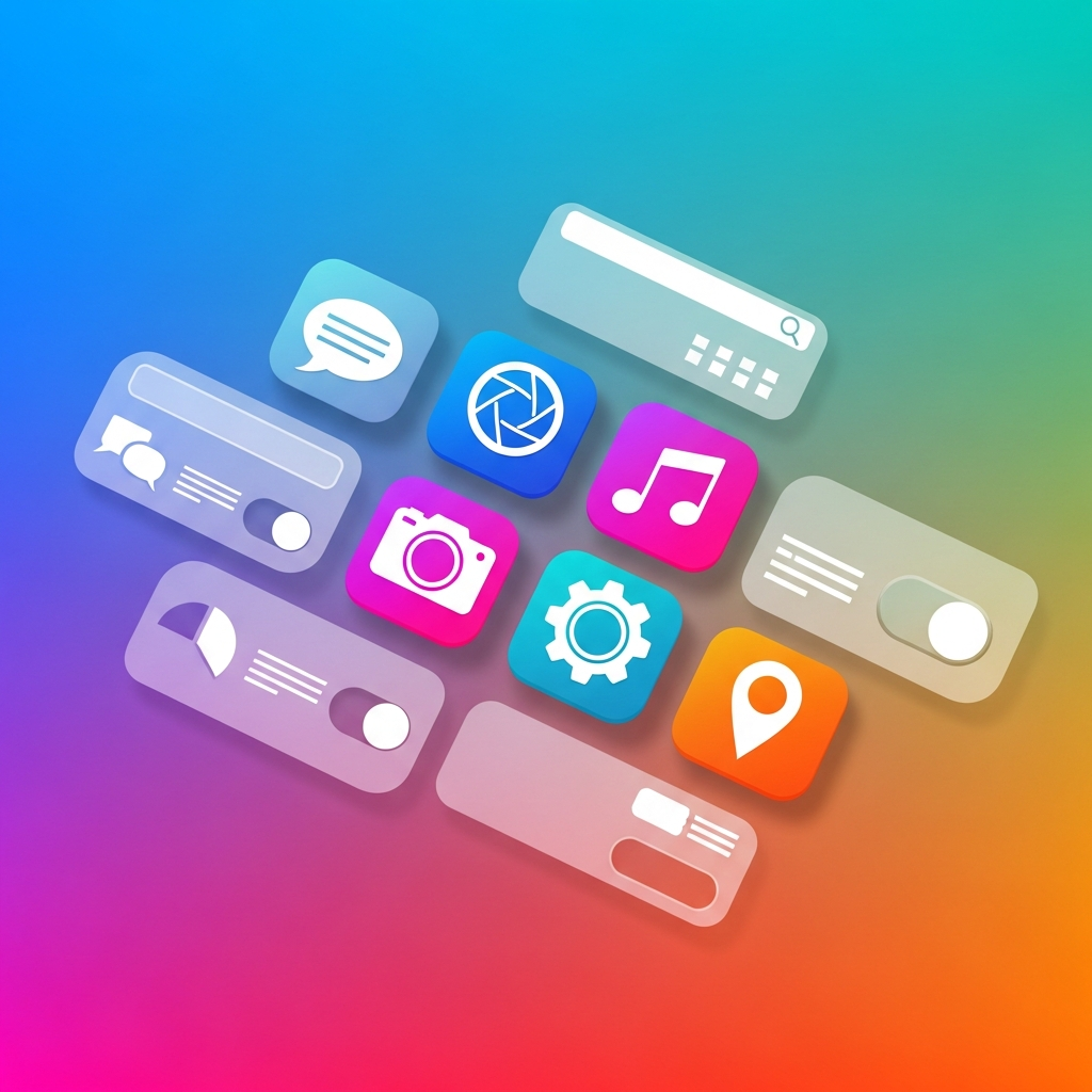 A modern and clean infographic-style layout showing various app icons and digital interface elements, vibrant gradient background, no text
