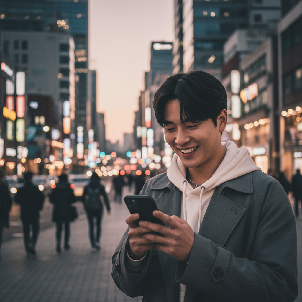A young Korean adult smiling while looking at their iPhone screen, urban city background with soft bokeh, high contrast, lifestyle photography, natural expression, aspect ratio 4:3