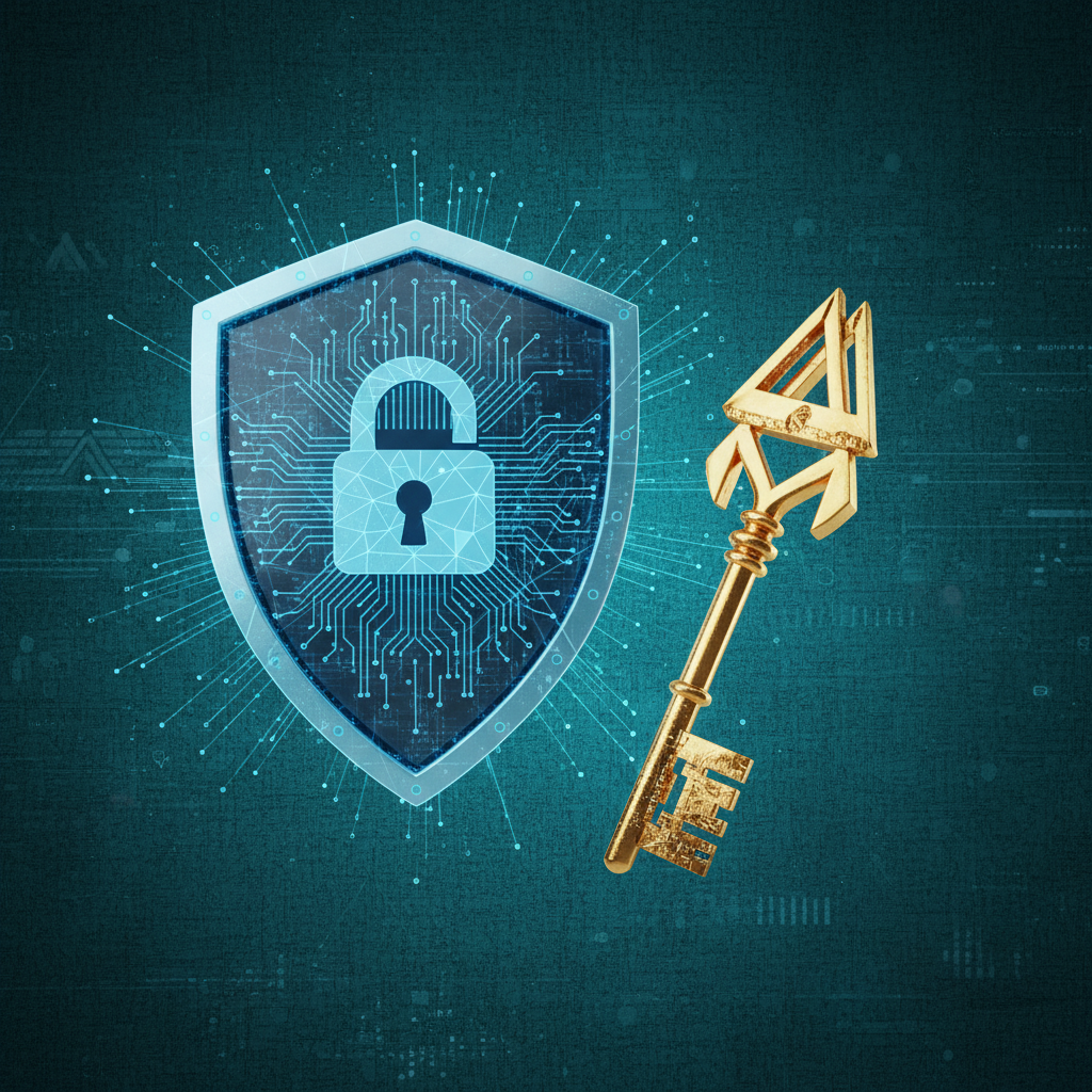 A conceptual 3D render of a digital shield and a golden key, representing cybersecurity and access control, soft studio lighting, textured teal background, no text