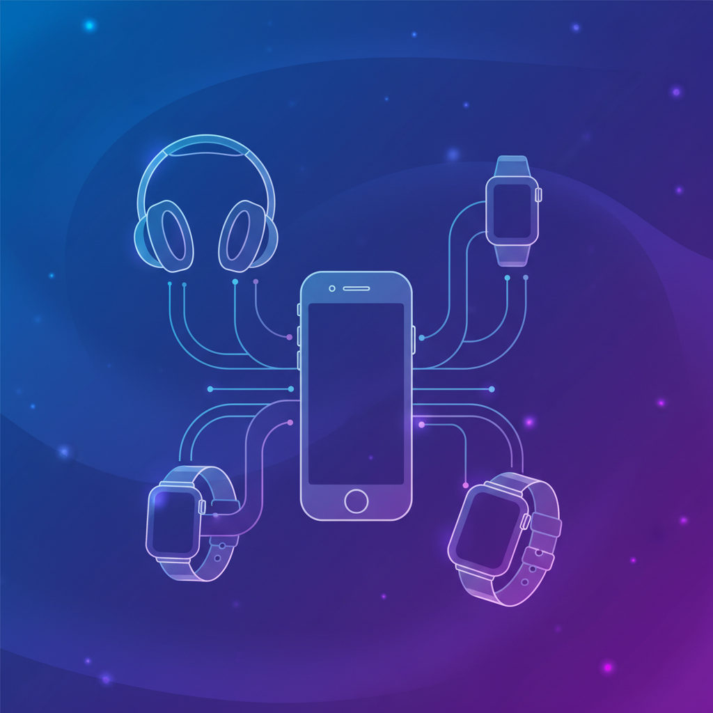 Abstract representation of interconnected digital devices like headphones and watches around an iPhone, clean infographic style, vibrant blue and purple gradient background, no text