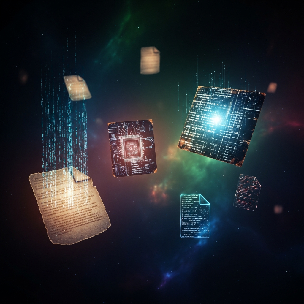 A conceptual image of digital data or old website files floating like ancient relics in a digital space, with subtle glowing effects and a deep colored background, illustration style, no text.