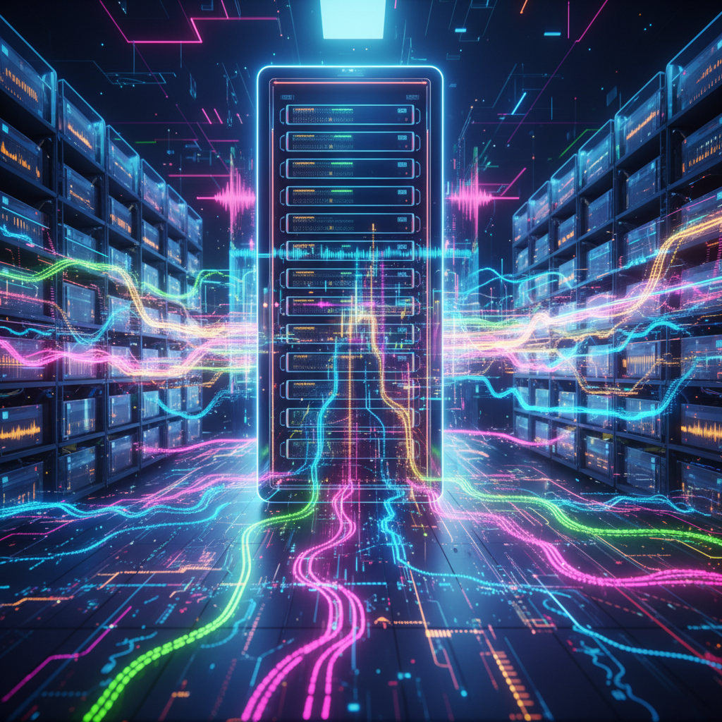 A digital visualization of massive music data streams flowing into a central server, neon lights, high tech library atmosphere, colored background, no text