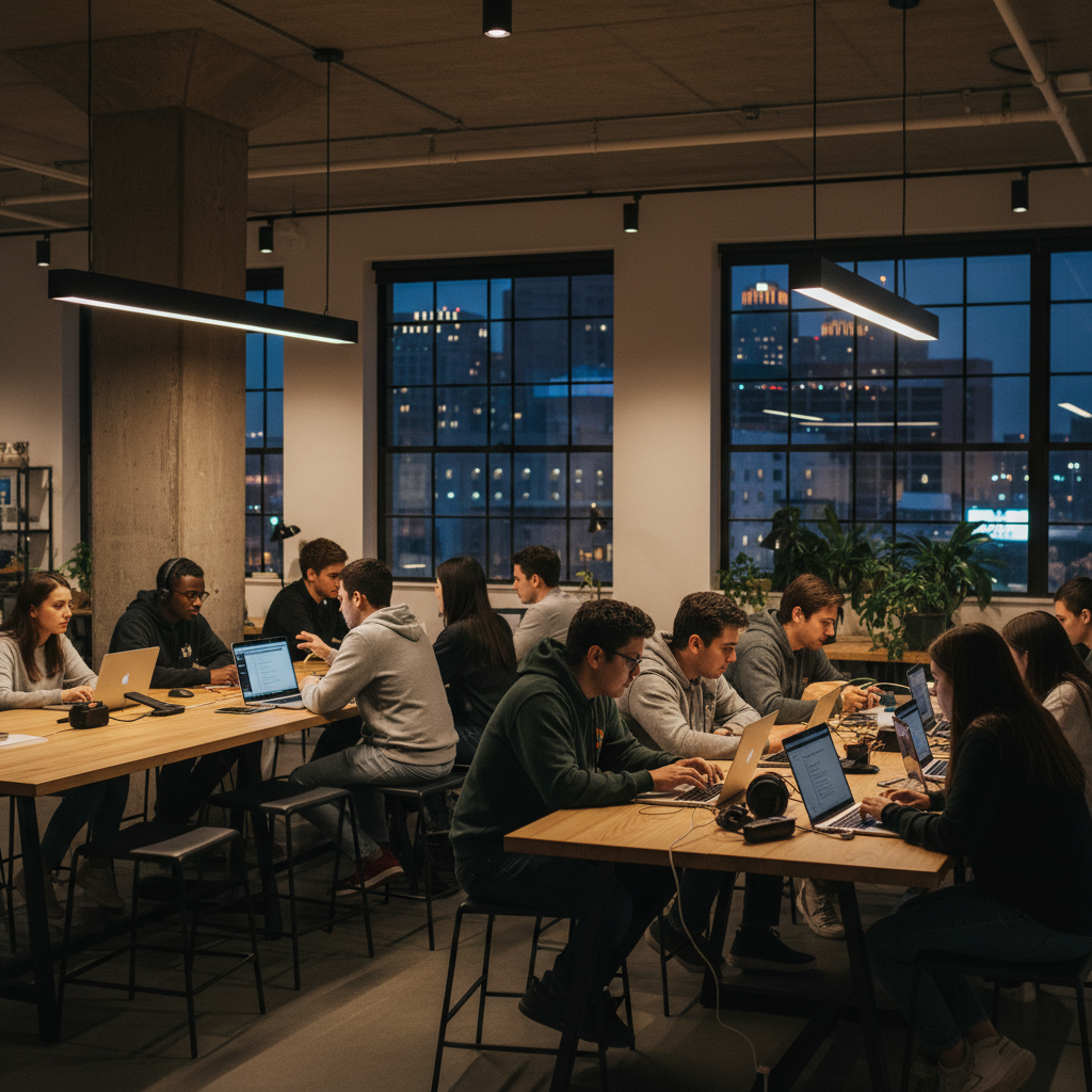 A modern tech learning environment in Detroit with diverse students working on laptops, clean interior, high contrast, warm lighting, lifestyle photography, no text, 4:3