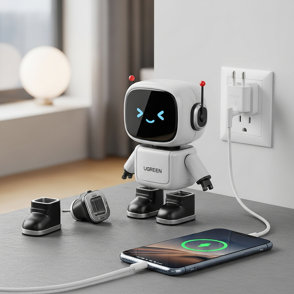A cute robot-shaped Ugreen Nexode RG 30W USB-C GaN Charger, with its magnetic boots detached and plug prongs inserted into a wall socket. The charger has a small LED screen showing a friendly charging expression while connected to an iPhone via a USB-C cable. The background is a modern, clean home office setting with soft ambient lighting. No text.