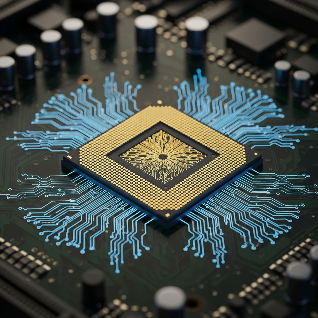 Close-up of a high-tech processor chip on a motherboard, glowing gold and blue circuit lines, metallic textures, cinematic lighting, modern technology aesthetic, no text
