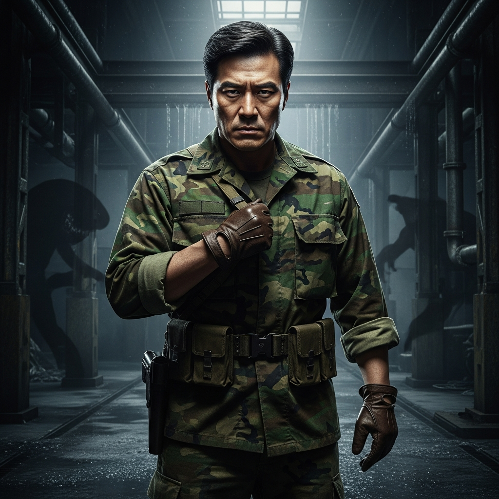 Realistic depiction of a serious male operative (Korean appearance) in 1980s military attire, set against a dark, industrial background with subtle hints of a large, monstrous shadow, cinematic lighting, textured background, no text
