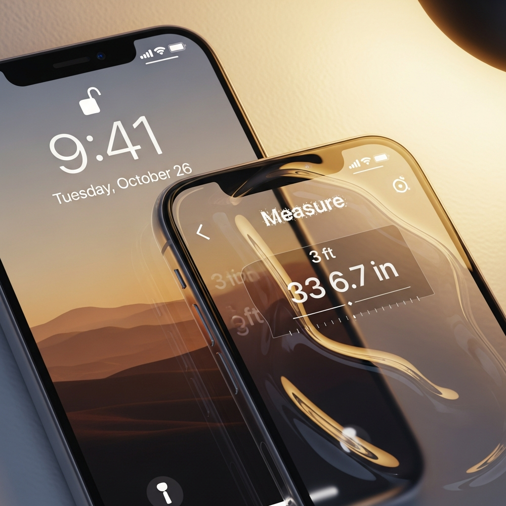 A close-up of an iPhone lock screen and a Measure app screen, showing a translucent liquid glass effect, modern layout, warm lighting, textured background, no text