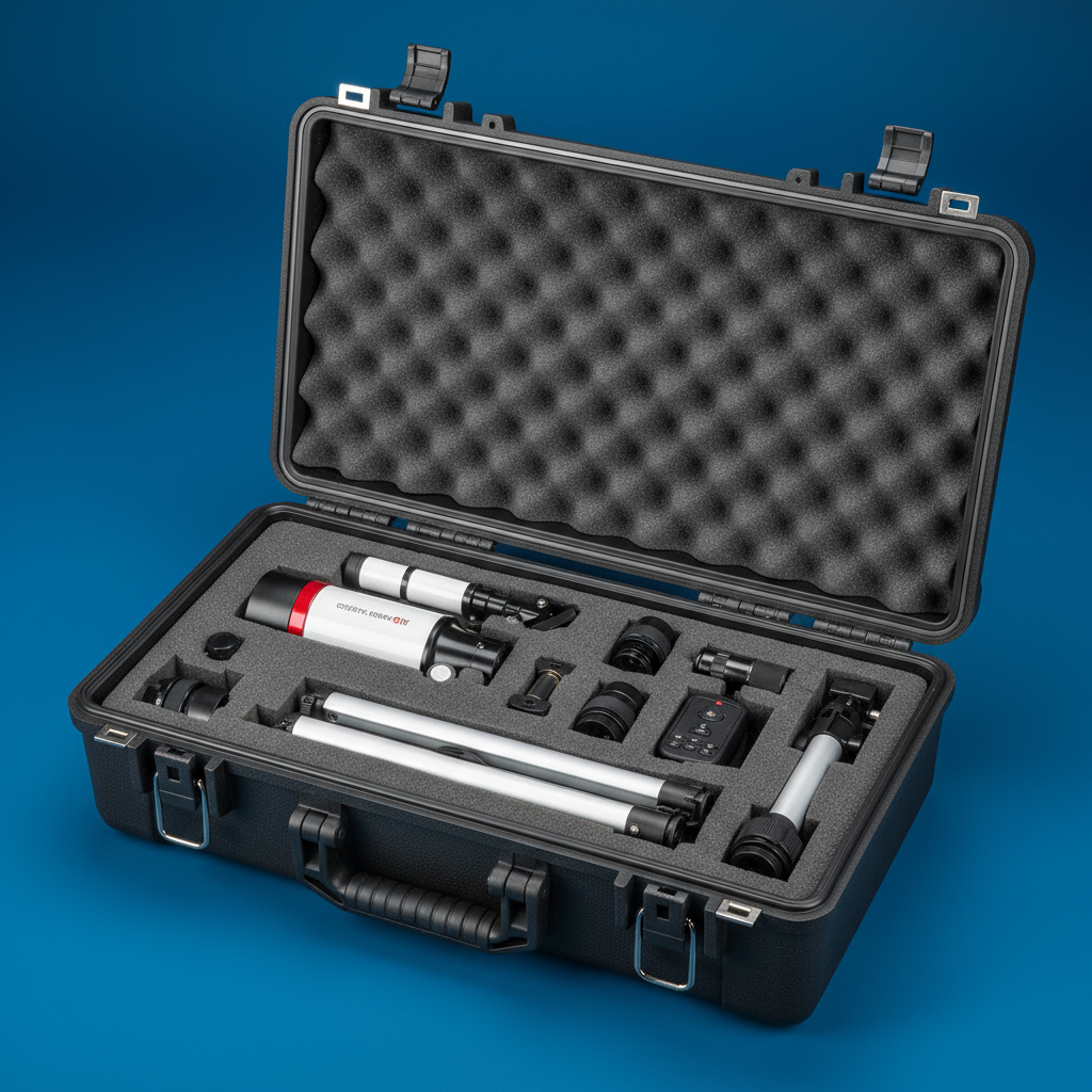 A professional hard-shell carrying case open to reveal a telescope, tripod, and accessories neatly organized, high-quality product photography, colored background, no text