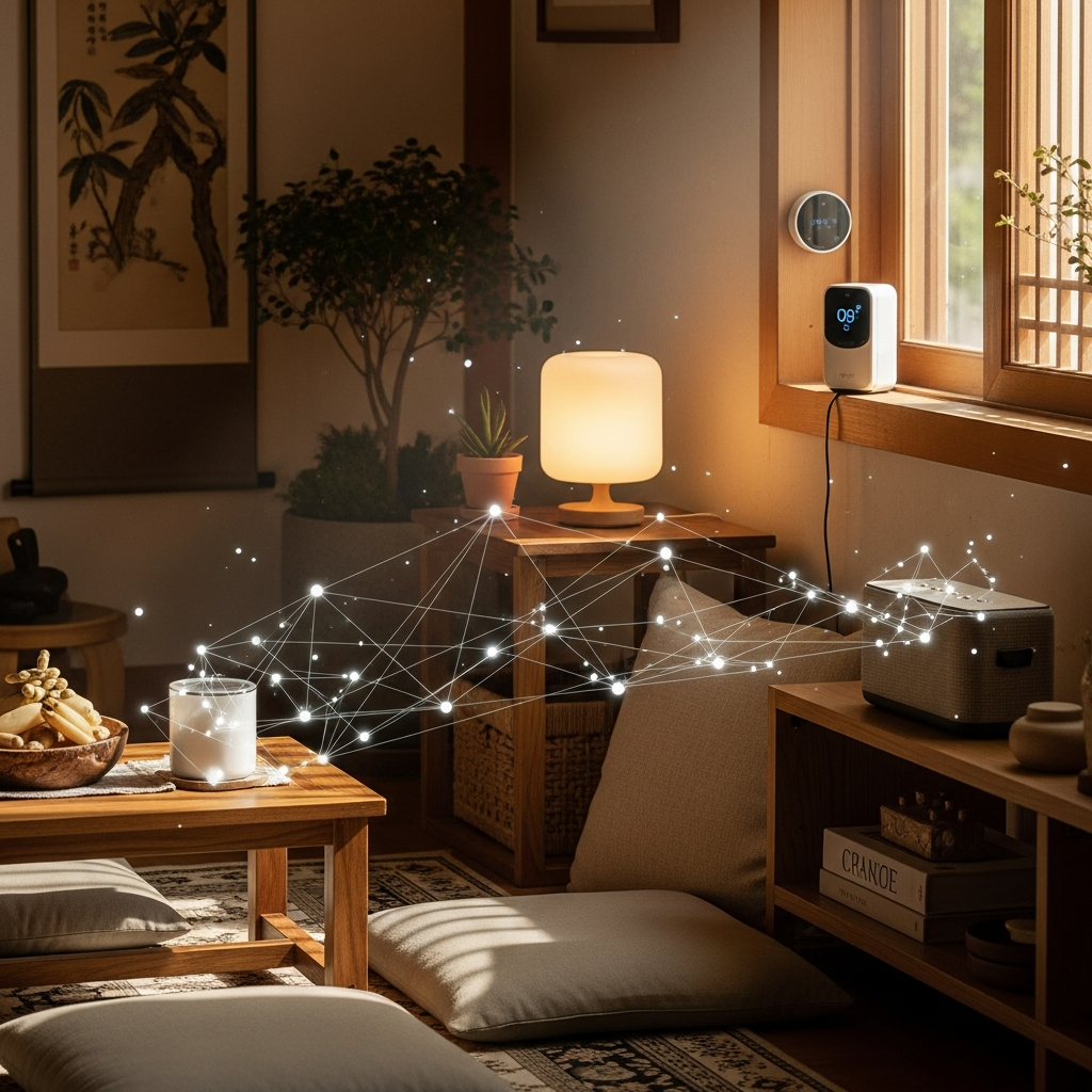 A lifestyle photography of a cozy Korean living room with various smart home devices (lamp, thermostat, speaker) subtly integrated, showing a stable mesh network effect with glowing lines, warm lighting, natural setting, rich background, no text.