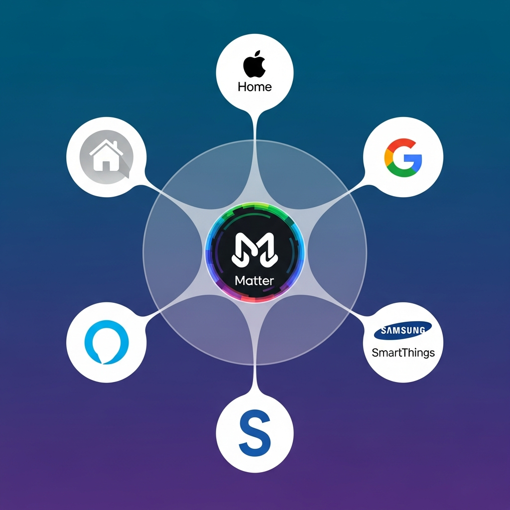 A clean infographic showing the Matter logo at the center, with interconnected logos of Apple Home, Google Home, Amazon Alexa, and Samsung SmartThings radiating outwards, representing seamless compatibility, modern layout, high contrast, colored background, no text.