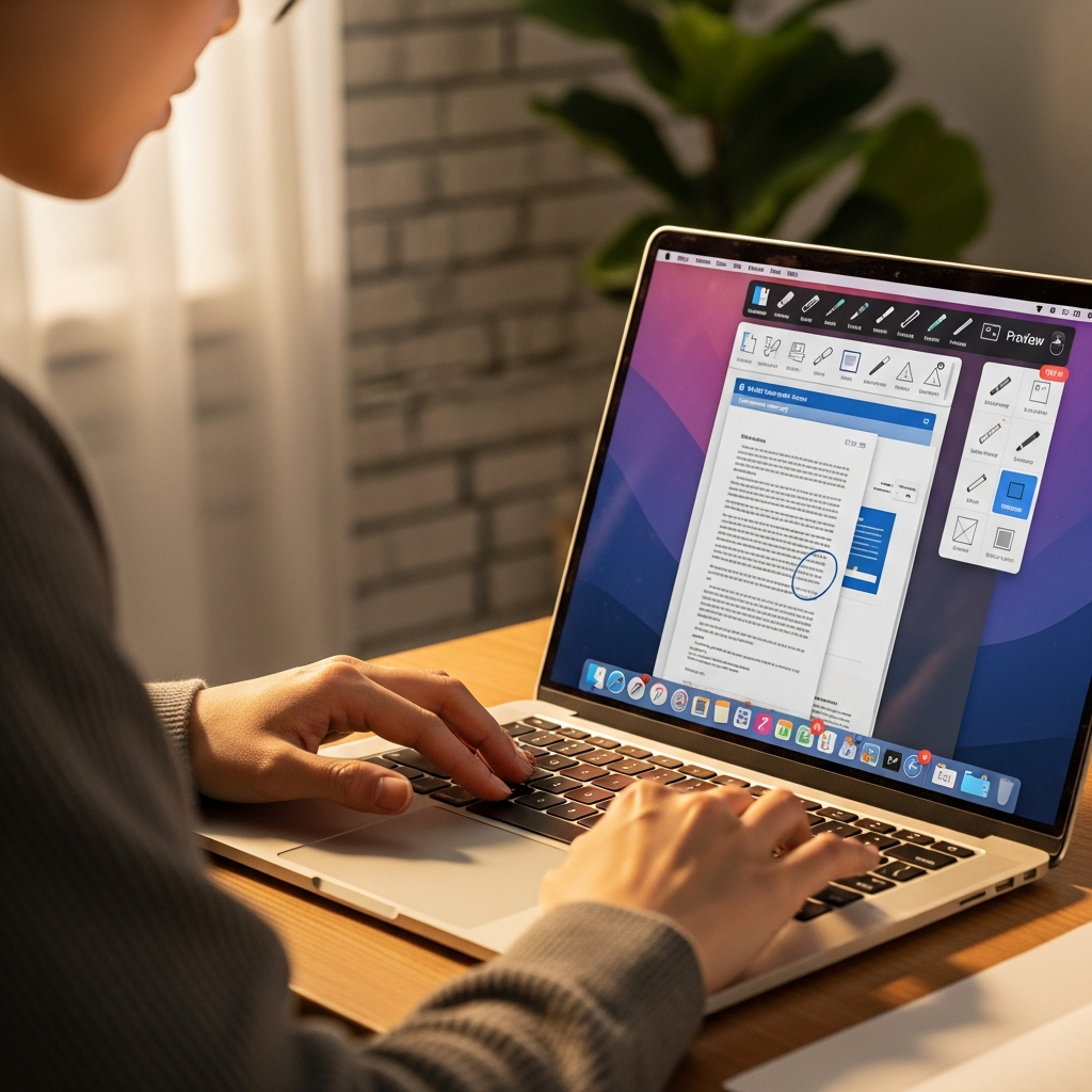 A close-up lifestyle shot of a Korean person using the Preview app on a MacBook, annotating a document. The screen shows a PDF with various markup tools visible. Warm lighting, comfortable home office setting, textured background, no visible text on screen.