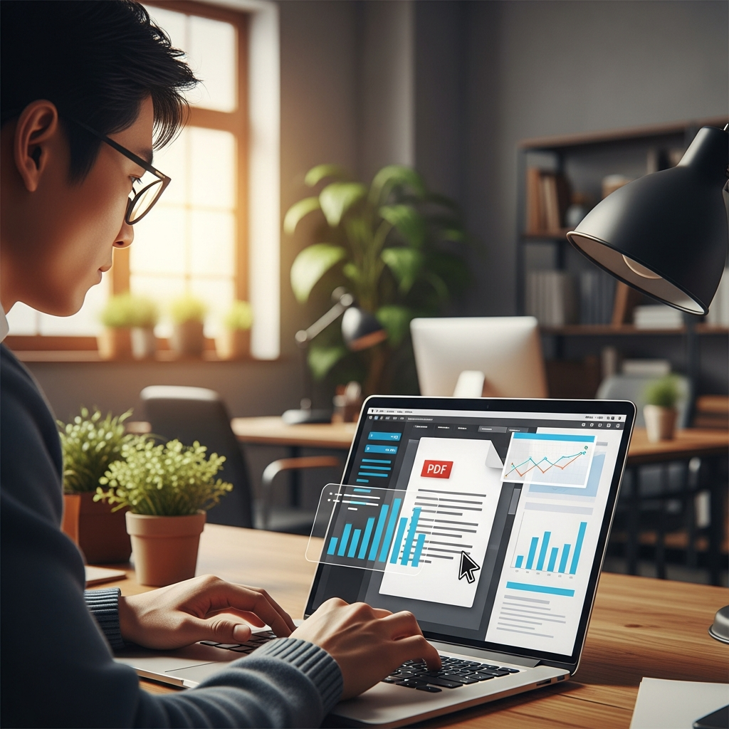 A Korean user on a Mac laptop editing a PDF document, focused and productive, modern office background with warm lighting, clean infographic style, no text