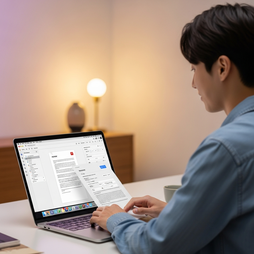 A Korean user on a Mac laptop, gracefully editing a PDF document. The screen shows a clean, modern PDF editor interface with English-only minimal text. The user has a focused, natural expression in a contemporary home office setting with warm lighting. Soft, gradient background, no empty margins.