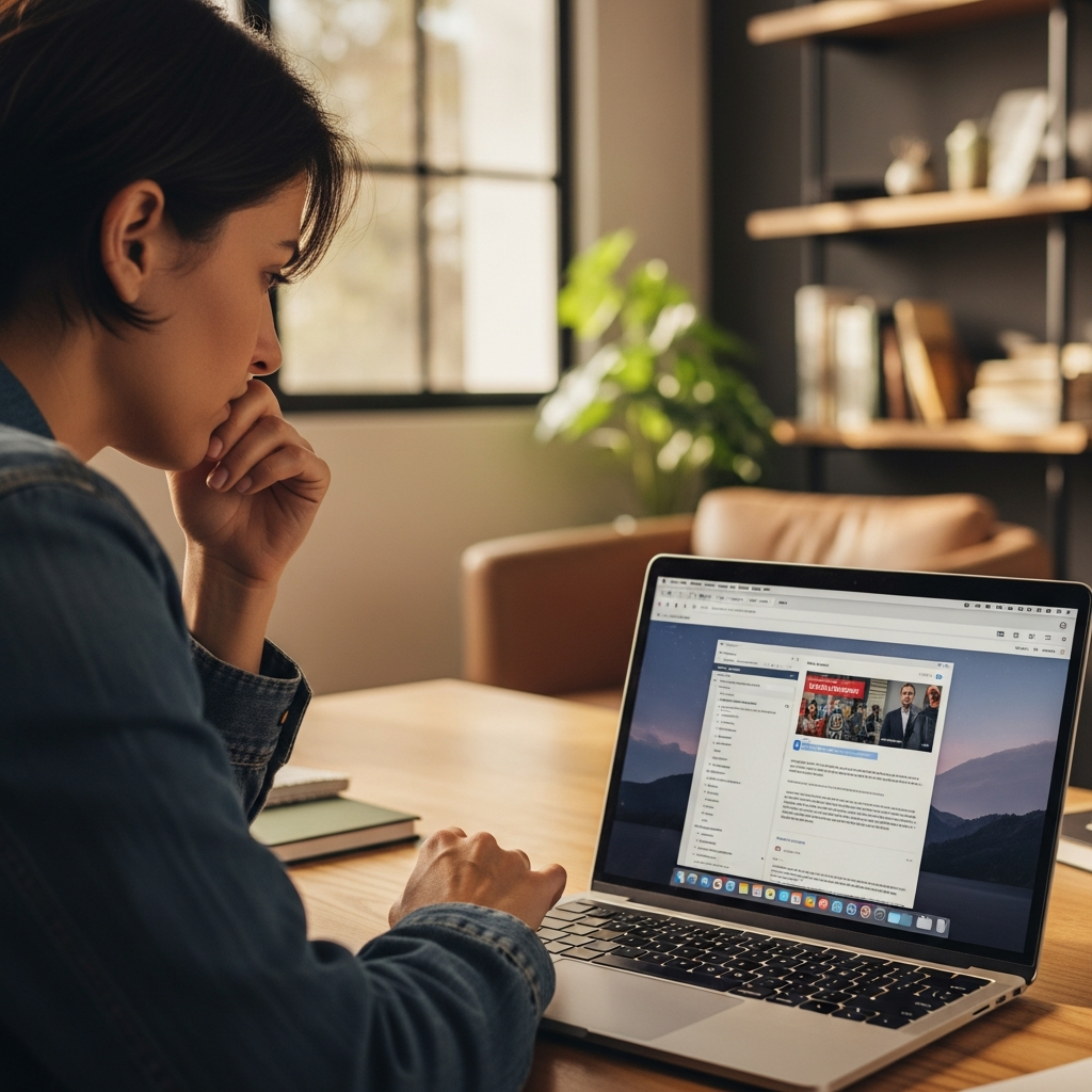 A person with a worried expression, looking at a MacBook screen that displays some security-related alert or news. The background is a modern home office setting with natural light, but a slightly concerned atmosphere. Style: lifestyle photography, warm lighting, natural setting. No visible text on screen. Centered focus, visually rich, textured background.