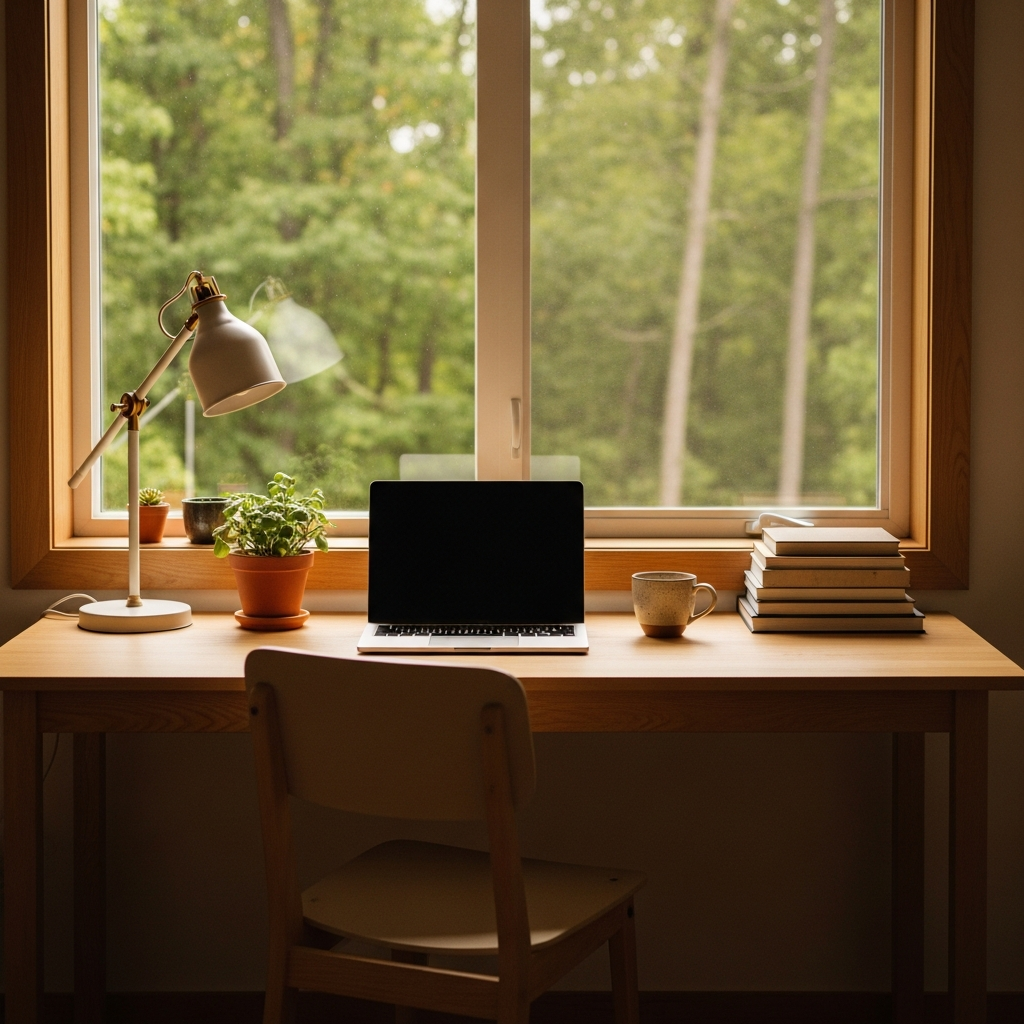 깔끔한 작업 공간, warm lighting, natural setting, no text