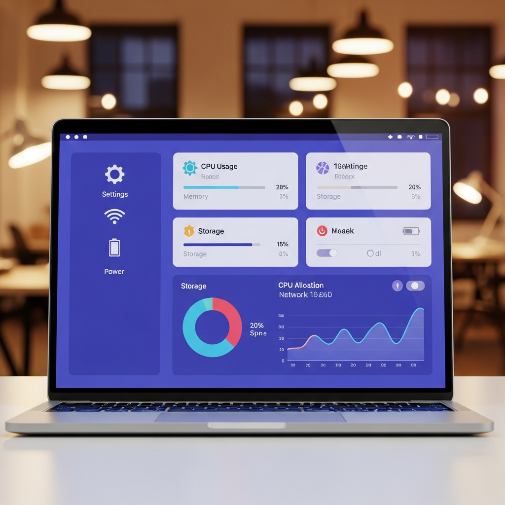 A close-up shot of a MacBook screen displaying detailed system information and various settings, presented in a clean, organized manner. The background is a blurred office environment with warm lighting. Clean infographic style, modern layout, high contrast, colored background, no text.