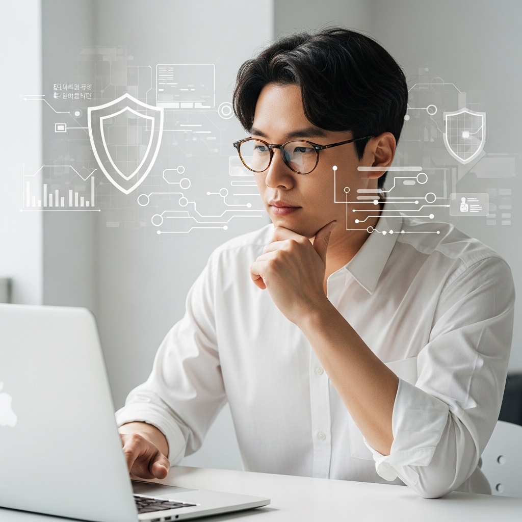 A Korean person thoughtfully looking at a sleek Mac laptop, with abstract digital security elements like a shield icon and data streams subtly integrated into the background. The lighting is bright and natural, reflecting a sense of safety and consideration. Style: modern illustration, clean infographic, high contrast. No visible text.