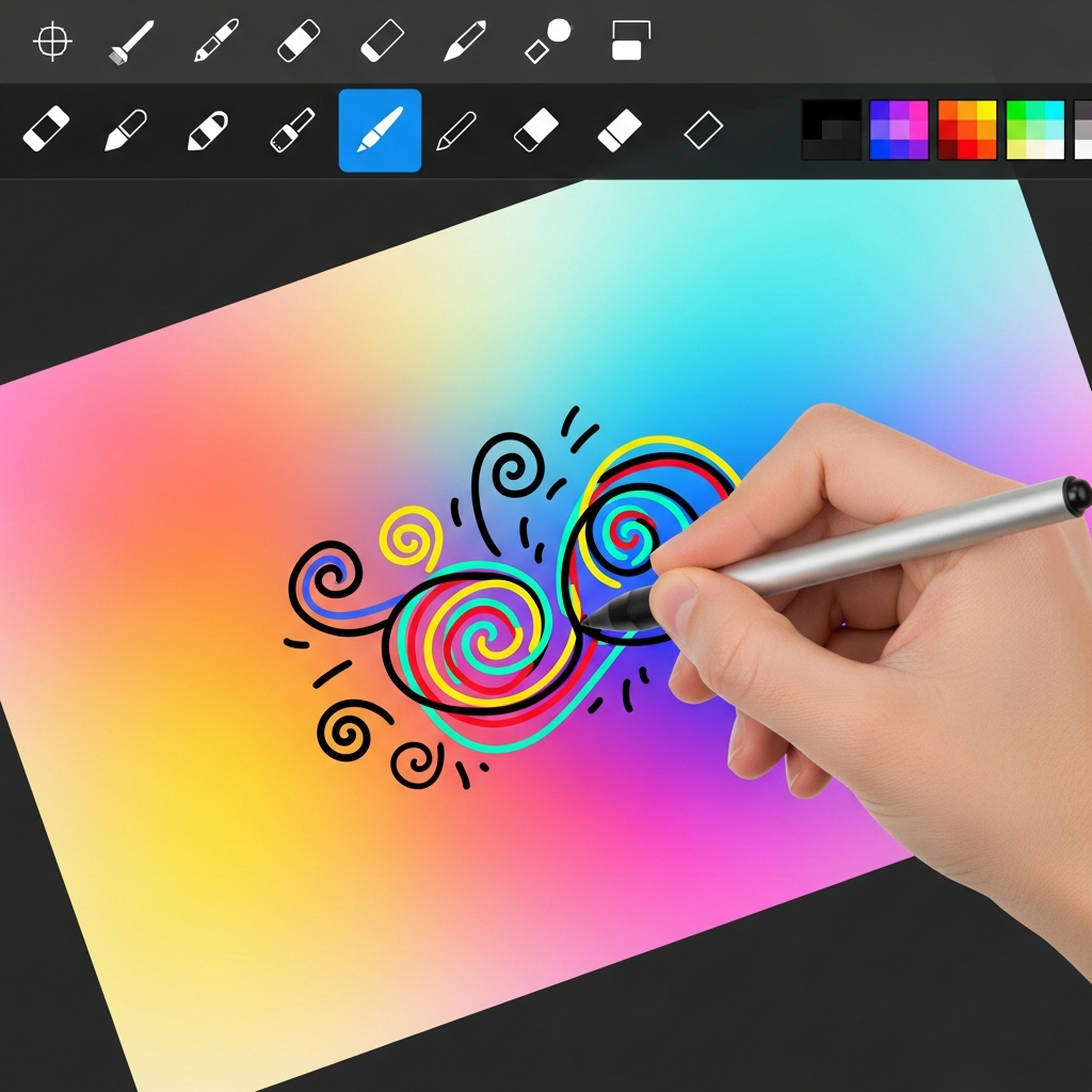 이미지 편집 도구들이 상단에 보이며, 사용자가 펜 도구를 이용해 이미지에 낙서하는 모습, detailed composition, colored background, no text