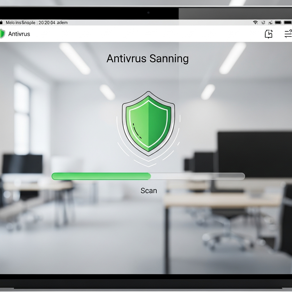 A close-up of a Mac laptop screen showing a dynamic, clean antivirus scanning interface with a green progress bar and a digital shield icon, indicating active protection. The background is a blurred office setting. Style: clean infographic, modern layout, high contrast. No visible text.