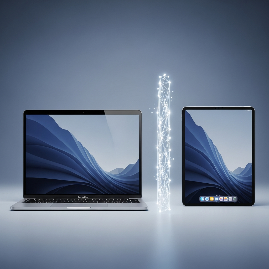 A MacBook and an iPad side by side, a subtle digital barrier symbol between them, clean tech style, blue and grey gradient background, no text