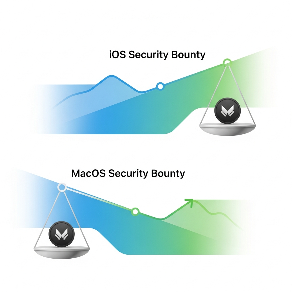 A modern infographic showing two scales. One scale labeled "macOS Security Bounty" is lower, showing a downward trend with a smaller reward icon. The other scale labeled "iOS Security Bounty" is higher, showing an upward trend with a larger reward icon. Both scales are set against a gradient blue and green background, emphasizing the shift in focus. No visible text on the scales or icons. Clean infographic, modern layout, high contrast.