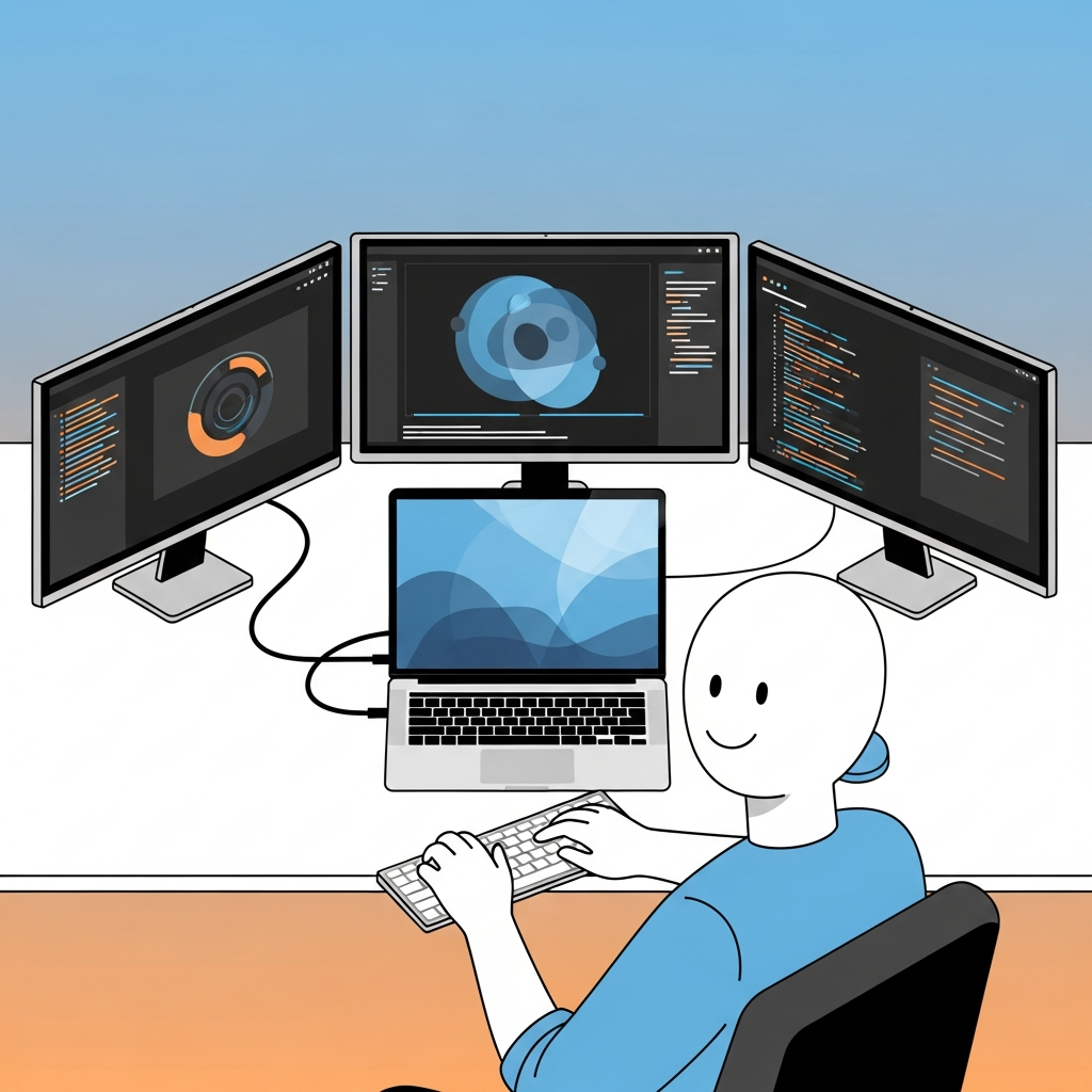 A modern workspace with an open MacBook and three external monitors connected, showing a clean, organized setup. The user is happily working. Style: clean infographic, modern layout, high contrast. Colored background with soft gradients, natural lighting. No visible text.