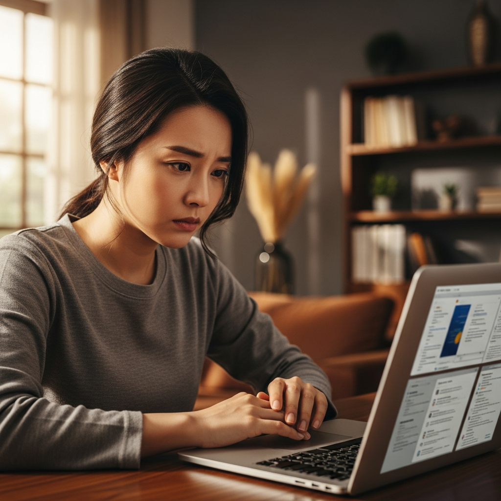 A worried Korean woman sitting in front of a modern MacBook in a sunlit home office, realistic lifestyle photography, warm tones, rich background, no text