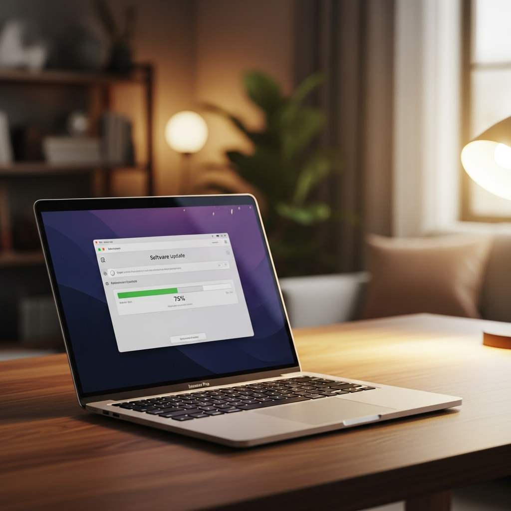 A modern MacBook Pro showing a software update progress bar on its screen, set on a wooden desk in a cozy room, warm ambient lighting, realistic lifestyle photography, high resolution, no text