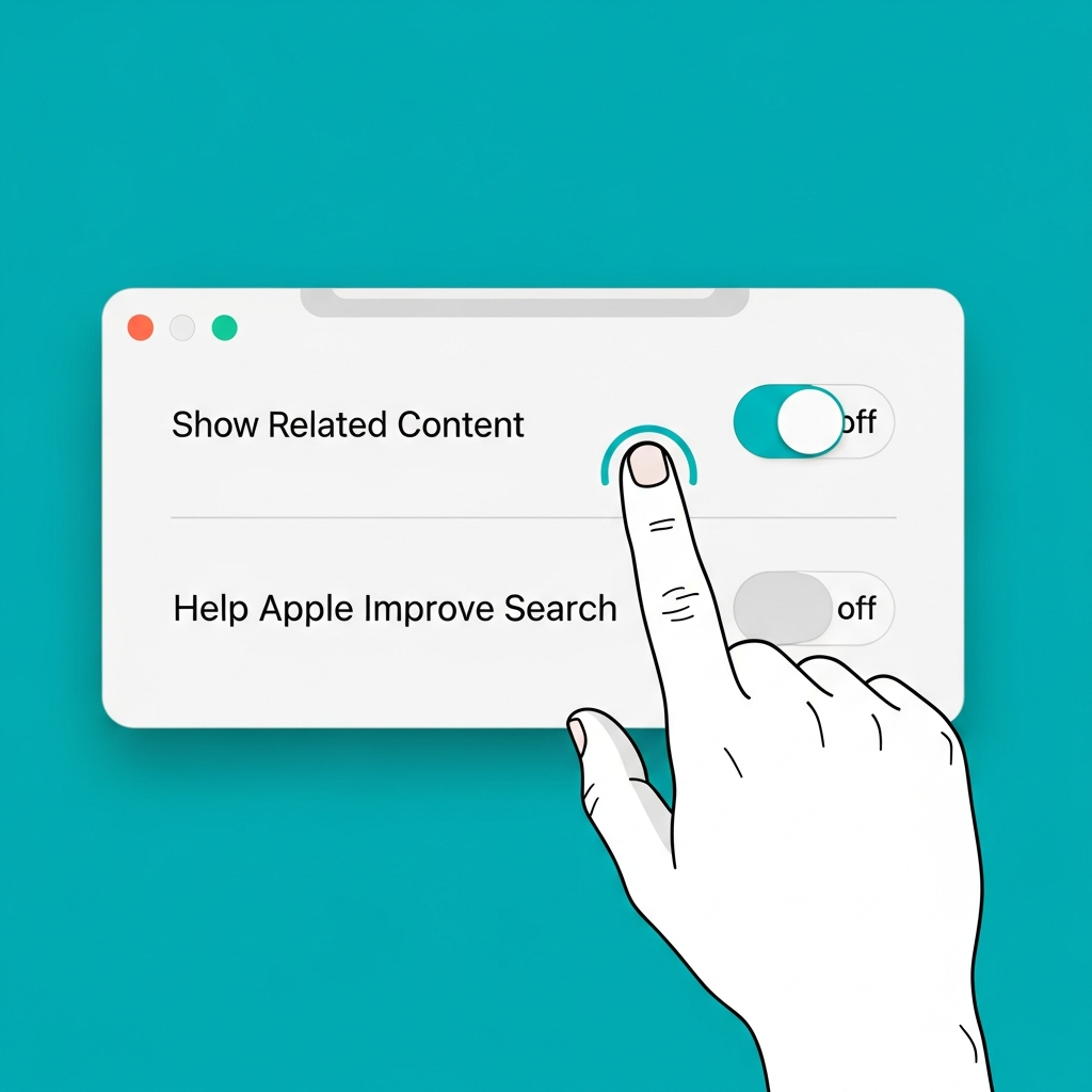 A close-up shot of a hand with a finger pointing at and turning off "Show Related Content" and "Help Apple Improve Search" toggles within the macOS Spotlight settings interface, clean infographic, modern layout, high contrast, colored background, no text