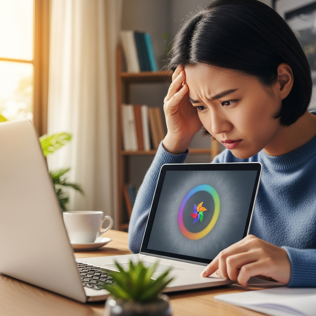 A Korean person (male or female) looking frustrated at a frozen MacBook screen. The screen shows a spinning pinwheel or a frozen application. The background is a modern home office or cafe setting, with warm, natural lighting. Emphasize the feeling of helplessness. Lifestyle photography, vibrant colors, clean details, no text on screen.