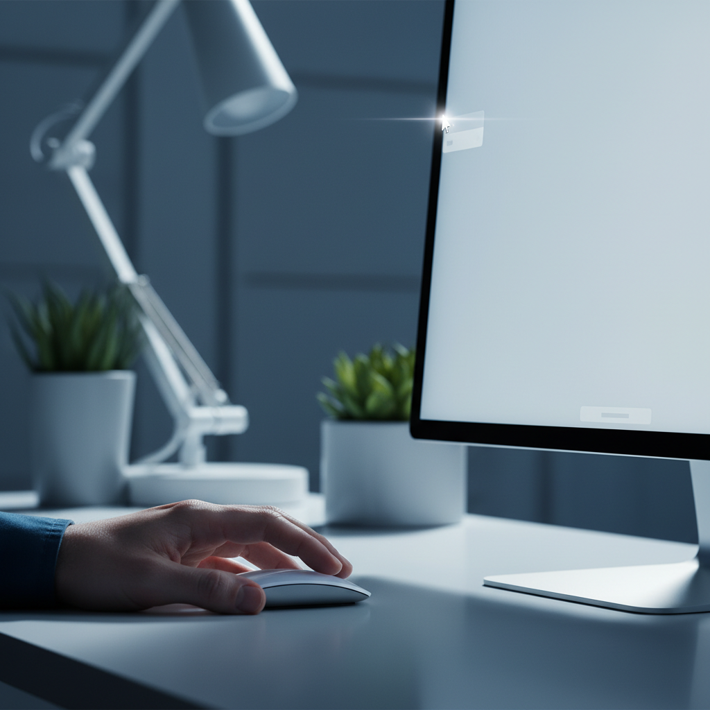 Close up of a person using a Mac mouse, moving the cursor to the corner of a high-resolution screen, minimal UI elements, modern workplace background, high contrast, no text