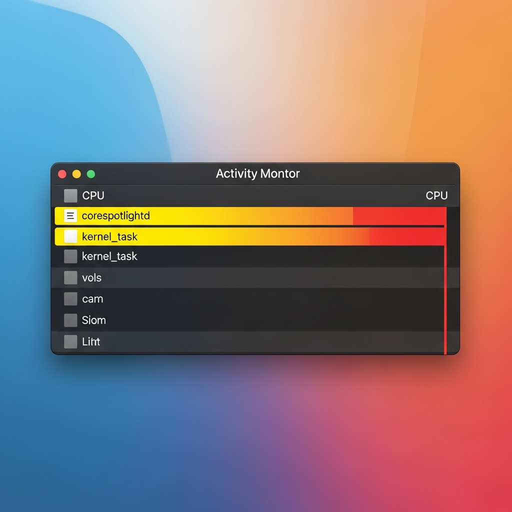 A modern infographic showing a MacBook Activity Monitor's CPU tab, highlighting high CPU usage by <code>corespotlightd</code> and <code>kernel_task</code> processes, high contrast, modern layout, colored background, no text