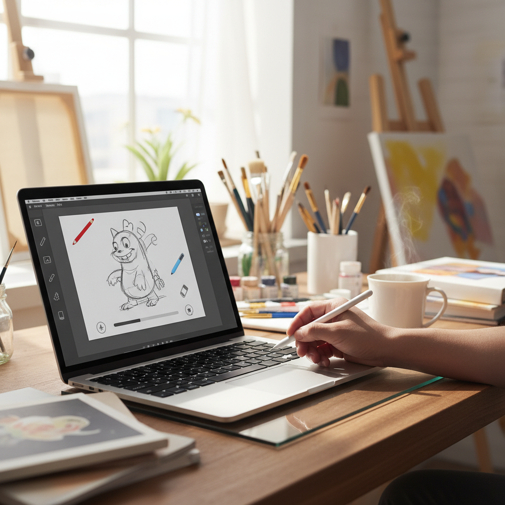 A hand using a Macbook trackpad, showing the Quick Look preview on screen with simple drawing tools, creative studio environment, natural lighting, no text