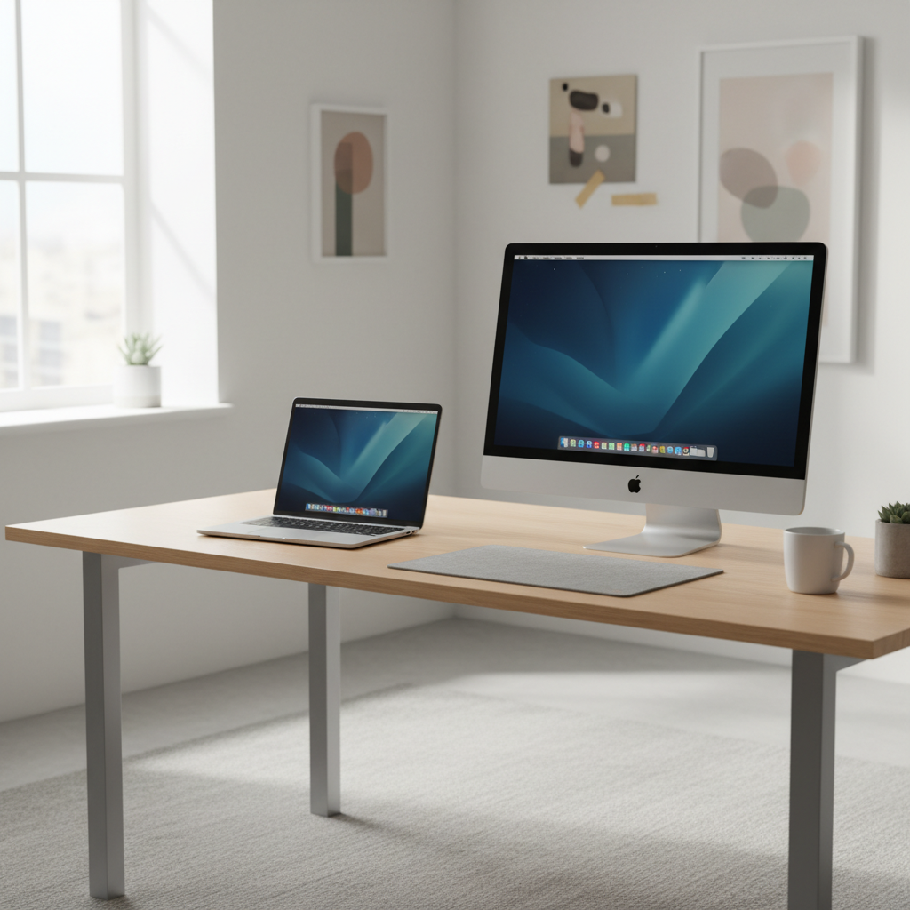 Professional workspace with a MacBook Air and Studio Display on a wooden desk, soft natural light, minimalist interior, no text