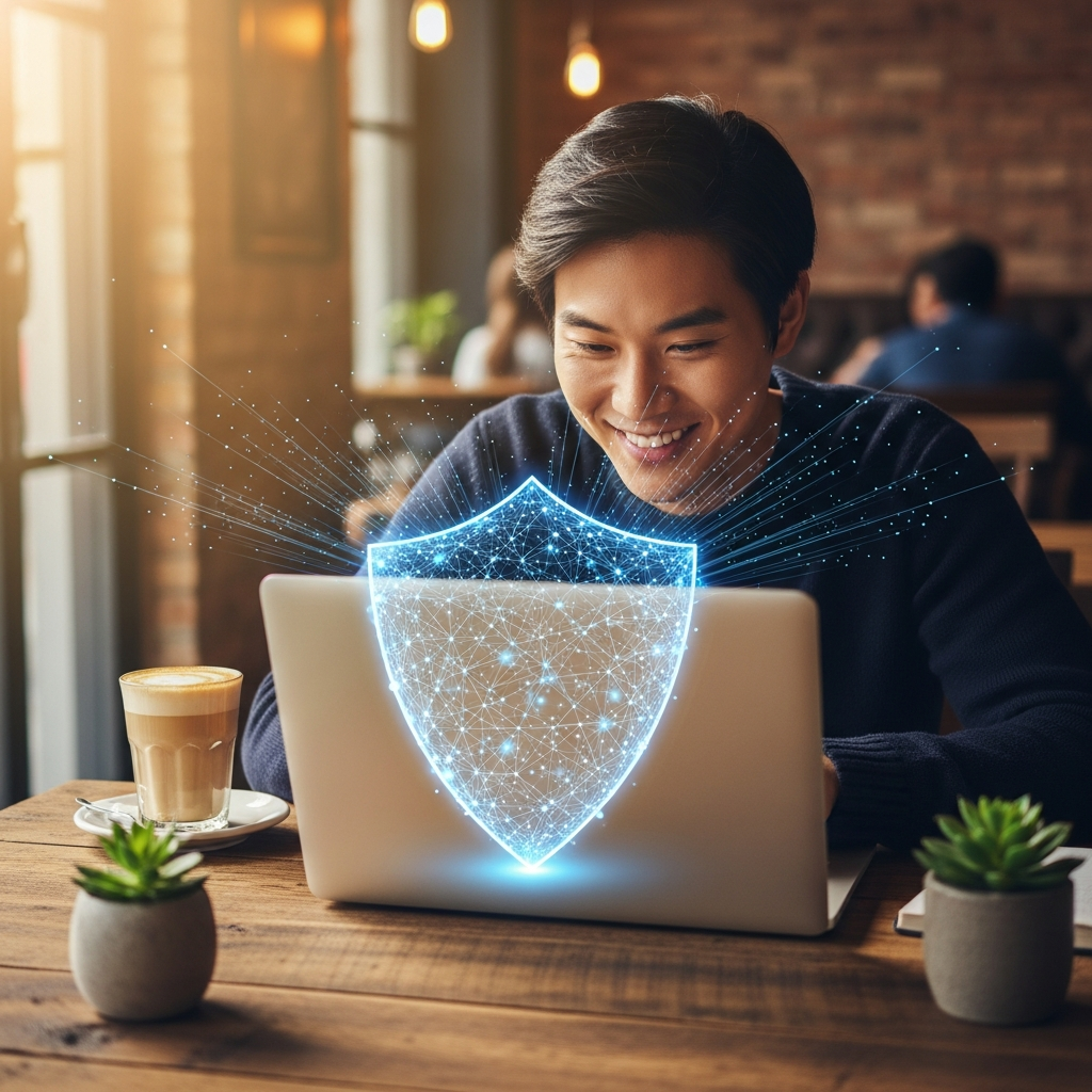 A Korean person happily using a MacBook in a cozy cafe, with a subtle visual overlay representing an encrypted, secure VPN connection. The network lines form a protective shield around the laptop. Style: lifestyle photography, warm lighting, natural setting, textured background. No visible text.