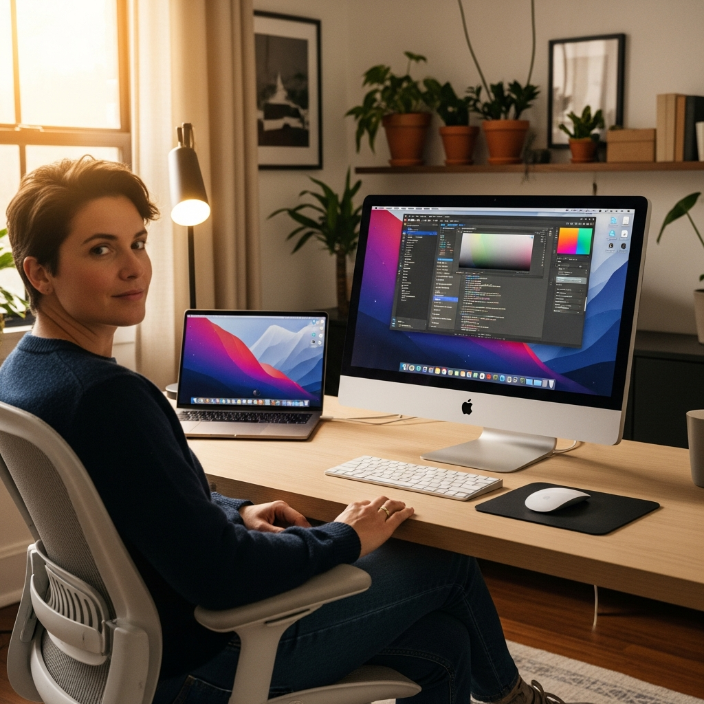 A person comfortably working on a home office desk, using an Apple Studio Display with a Magic Keyboard and Magic Mouse, and a MacBook Pro connected, creating a seamless and productive workflow environment. Style: lifestyle photography, natural lighting, modern setting. Background: a stylish home office. No text.