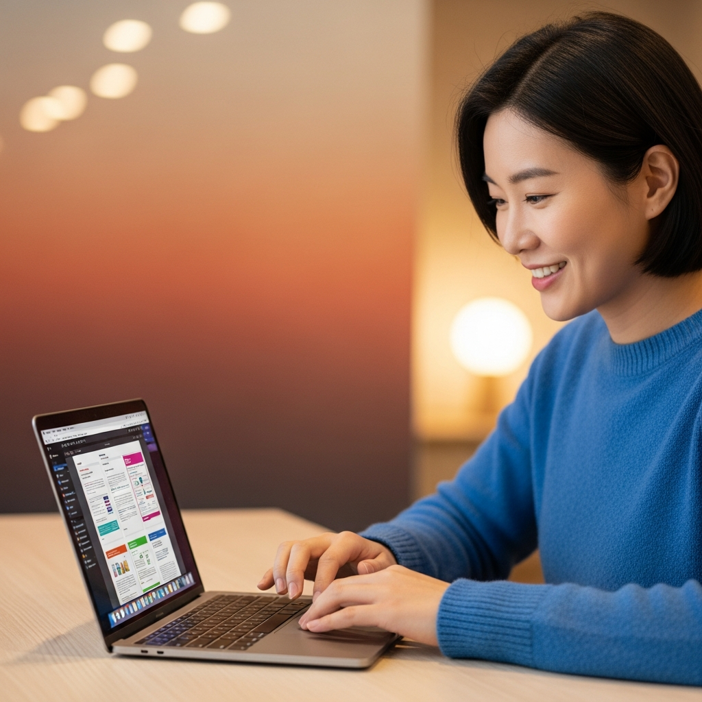 A Korean person happily editing a PDF document on a MacBook, modern office setting, warm lighting, colored background, no text
